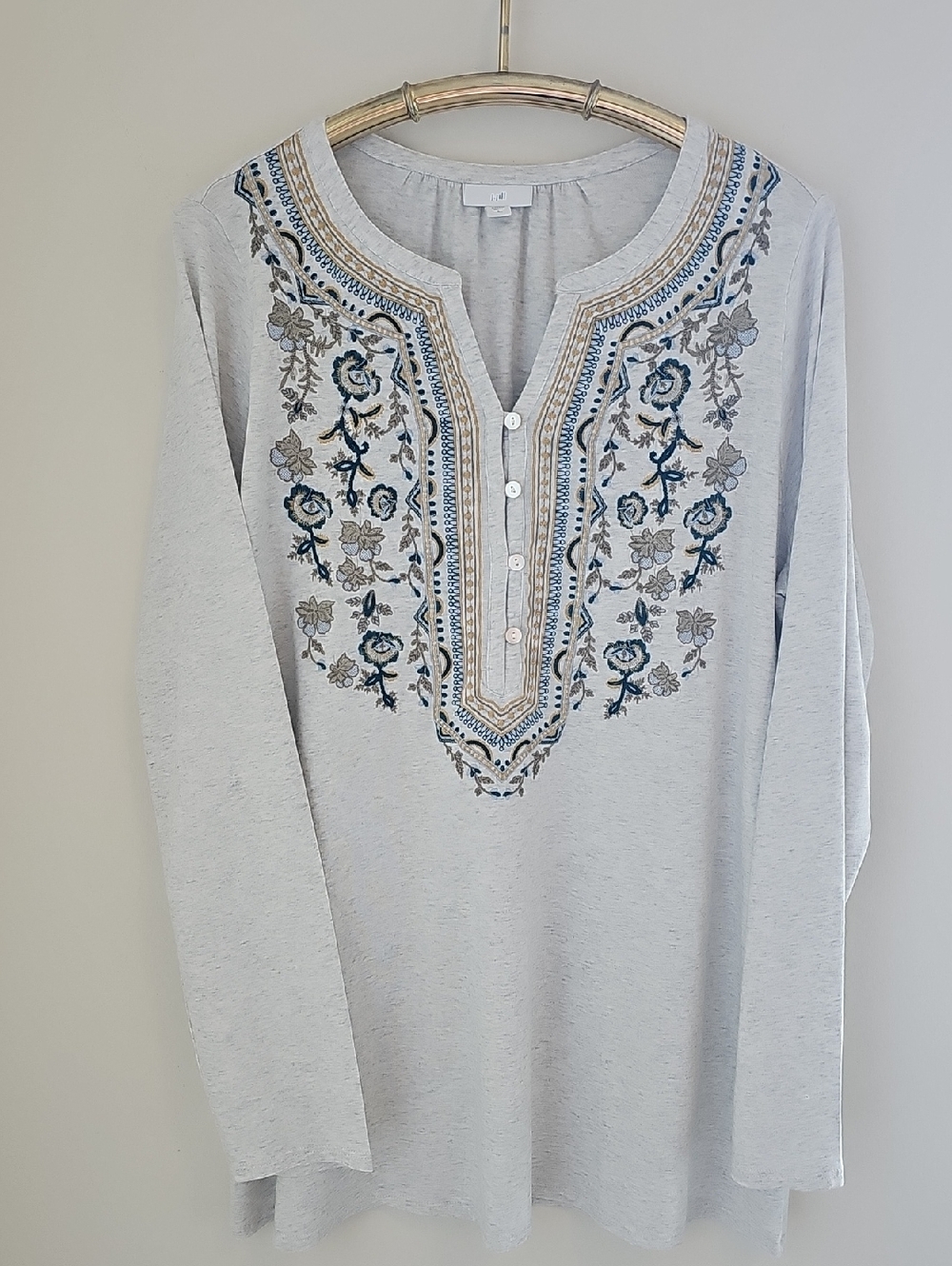 J. Jill Embroidered Henley Tunic Womens Size L Tall Gray Long Sleeve Cotton Knit